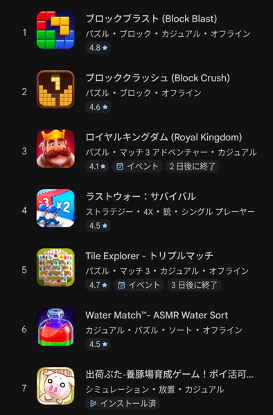 Google Play top free games ranking showing #7